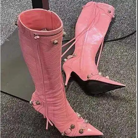2023 Winter Women Pointed Toe Rivet Vegan Leather Boots Elegant Ladies Stiletto High Heels Side Zip Knee High Boots