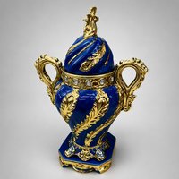 Soupière de luxe en porcelaine bleu cobalt européenne avec couvercle, filigrane doré et incrustations de cristal – Pièce maîtresse de décoration intérieure