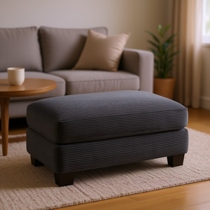 Pouf in Velluto a Coste Grigio Scuro con Cuscino Morbido, Gambe in Legno, Sgabello Moderno per Soggiorno - Product Image 2