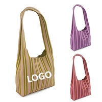 MOQ 50 PIÈCES Sac fourre-tout en crochet personnalisé avec logo, sac à bandoulière tricoté à rayures pour femme, sac de plage et de voyage, fournisseur en gros