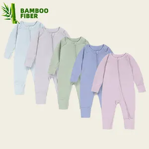 秋季儿童长袖纯色连身衣婴儿印花拉链睡衣男童竹连身衣