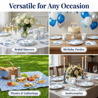 Ensemble de vaisselle jetable en papier écologique bleu à motifs floraux, comprenant assiettes, serviettes, gobelets et couverts pour pique-nique et fête du thé