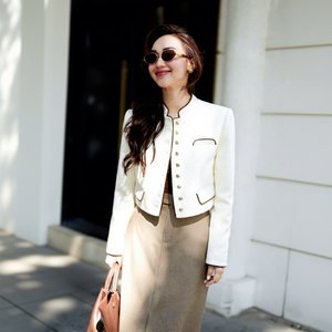 Blazer Corto de Mujer con Cuello Mandarín, Chaqueta de Lana Peinada con Botones Delanteros, Ajuste Delgado, Elegante, para Oficina y Trabajo, Ropa Exterior B8084 - Product Image 1