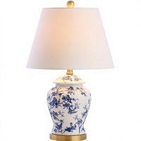 Lampe de table LED 22 pouces, bleu et blanc, style chinoiserie, en céramique et métal, abat-jour en lin traditionnel français, finition laiton doré