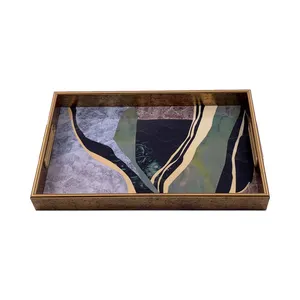 New style marble design glass tray gold color serving tray with handles luxury look MDF hotel serving tray accept OEM