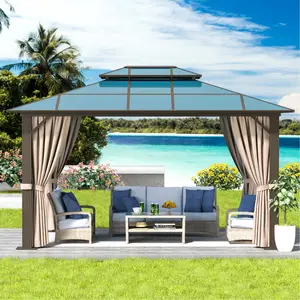 Hard Top Pavilion Double Room PC Roof Canopy Outdoor Aluminum Frame Permanent Metal Pavilion With Net And Curtain