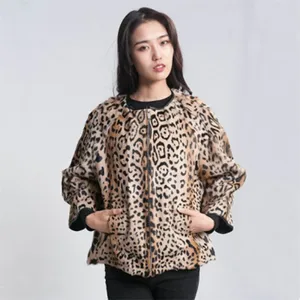 Shearling sheepskin fleece jacket Leopard pattern women's winter shawl thick kid lamb coat