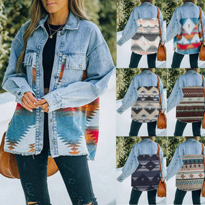 Kadın Retro Denim ceket yeni uzun kollu Jean üst yaka Shacket kadın Vintage Denim trençkot Aztec ceketler - Product Image 2