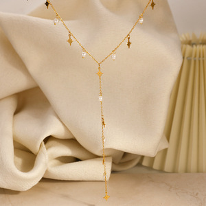 Collier en forme de Y plaqué or avec étoile et perle, chaîne minimaliste pour clavicule, idéal pour le quotidien et les soirées - Product Image 3