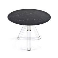 Table en marbre noir Marquina Ometto avec base en polycarbonate transparente, assemblée pour un usage domestique, plateau de 90 cm de diamètre, TMR001