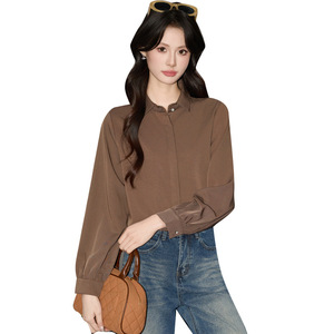 Peter Pan Collar Long Sleeve Shirt Solid Color <b>Polyester</b> Women's Blouse Everyday Wear - Product Image 5