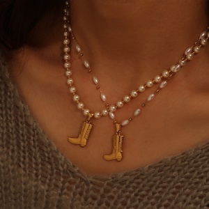 INS Popular Women 18k Gold Plated Stainless Steel Fashion Anti Tarnish <strong>Jewelry</strong> <strong>Jewelry</strong> Sets Western Cowboy <strong>Boot</strong> Pearl Necklace - Product Image 5