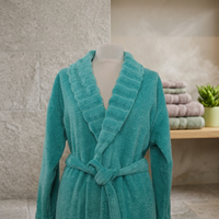 Promoción de 30 Días, Mejor Precio, Bata de Baño Azul para Mujer con Cuello en V y Manga Larga, Cintura Elástica, 100% Algodón, Teñido en Prenda
