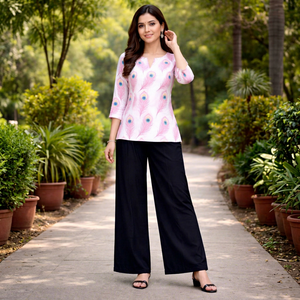 Conjunto de Kurta de Algodón con Estampado de Pavo Real para Mujer, Corte Holgado, Pantalones Casuales hasta el Tobillo, Ropa Étnica de India y Pakistán, Estilo Veraniego - Product Image 1