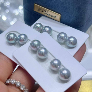8-9mm Natural Akoya Silver Blue Pearl Stud <b>Earrings</b>, Near Round High Luster Grey Blue Seawater Pearl, S925 Silver <b>Posts</b> Included - Product Image 3