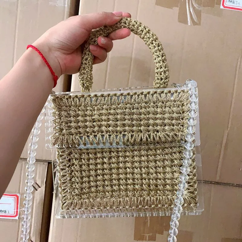 Womens Transparent Summer Beach bag Handmade Acrylic Beaded Pearl Shoulder Bag Weave Handbag Crystal Evening Clutch Bag