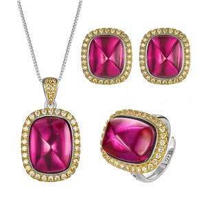 Wholesale Eco-friendly Copper Gold Plated 12*16/10*12mm Square Sugar Red Zircon Jewelry <b>Sets</b> With <b>Earrings</b> Necklace and Pendant - Product Image 1