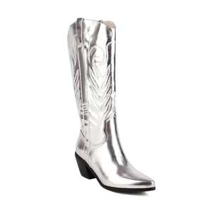 Custom Women <strong>Sparkly</strong> Cowboy Metallic Shoes Glossy Shiny Silver Leather Square Heeled Low Heel Mid Calf Women Western <strong>Boots</strong> - Product Image 1