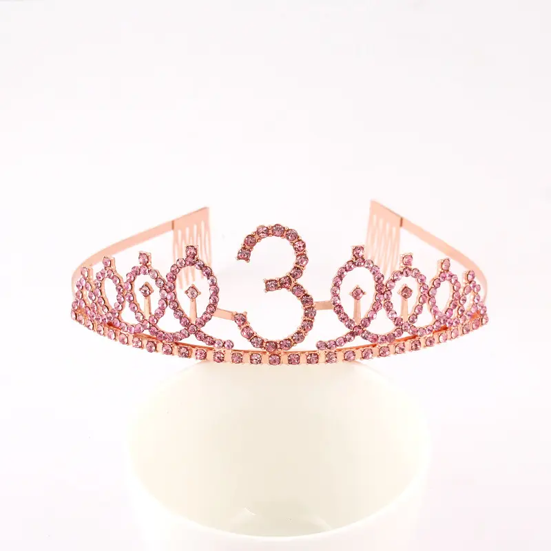 Número da coroa de aniversário para meninas, acessório de cabelo feminino, coroa de ouro rosa, cor diamante artificial, rosa