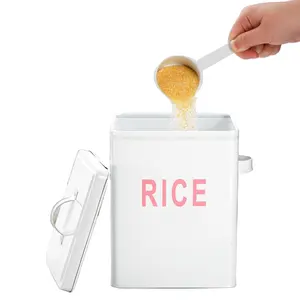 10 Lbs 금속 쌀 저장 용기 사각 밥통 뚜껑과 계량 국자 조리대 밀폐 식품 저장 용기