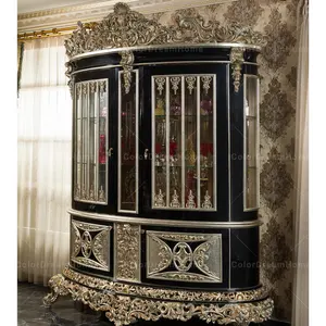 Luxury Antique Caving Royal Living Room Cabinets Black Gold Solid Wood Display Cabinet Storage