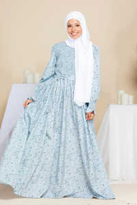 Vestido Largo Elegante Personalizado Leduo, Color Azul Claro, con Estampado Floral, Mangas Abullonadas y Hiyab a Juego, Abaya para Mujeres Musulmanas - Product Image 3