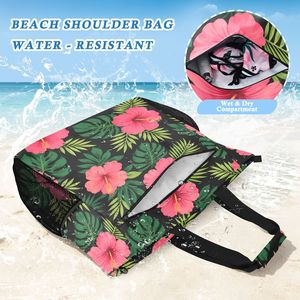 Bolsa de Playa de Verano con Estampado de Flores Hawaianas Personalizada para Mujer, Cierre de Cremallera, Forro de Poliéster, Bolsa de Viaje Portátil de Gran Capacidad - Product Image 5