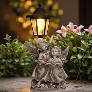 Vendita calda a energia solare angelo bambini lettura scultura in resina con lampione Vintage, per giardino esterno giardino giardino arredamento - Product Image 3