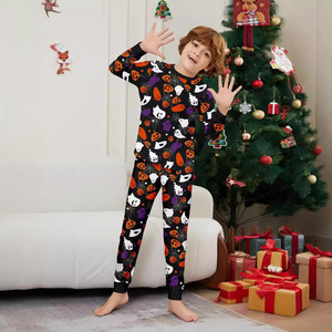 할로윈 호박 니트 앞면 로고 잠옷 투피스 세트 부드러운 긴팔 가족 커플 잠옷 - Product Image 4