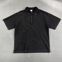 Polo en tricot gaufré teint à la cire 325G avec fermeture éclair, t-shirt vintage délavé et vieilli à manches courtes pour homme