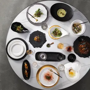 Crokery Restaurant Assiette Dinnerware Porcelain Catering Plates Steak Flat Dinner Dishes Hotel White Black Ceramic Plate