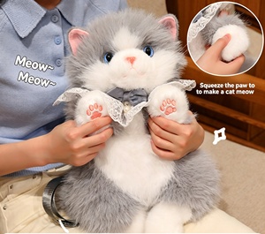 Sac à dos en peluche <span class=keywords><strong>chat</strong></span> réaliste avec son couinement, nœud en dentelle, sangle réglable pour filles et enfants, sac à bandoulière animal mignon - Product Image 2