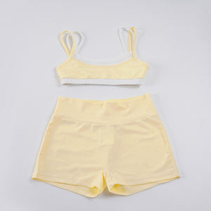 Women's 2-Piece Breathable Sports <b>Set</b> Yellow and White Contrast Layered Tank Top High-Waist Shorts 2026 New Arrival - Product Image 6
