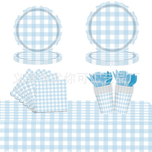 Ensemble de vaisselle jetable à carreaux bleus pour fêtes d'anniversaire : assiettes, gobelets, serviettes, couverts en papier - Product Image 1