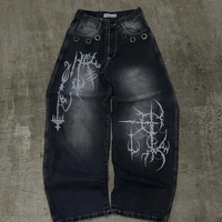 Jeans Baggy Homme Y2K Personnalisés OEM, Coupe Large, Effet Délavé Vintage, Imprimé Graphique Gothique Occulte, Streetwear, avec Œillets Métalliques, Style Punk