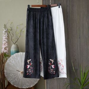 White And Black Embroidered Wide Leg Pants <b>Elastic</b> Waist Women's Casual Loose Cotton Linen Straight Leg Breathable Summer Pants - Product Image 2