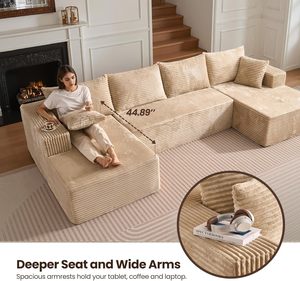 Sofá en Forma de U de 134.6 Pulgadas, Color <span class=keywords><strong>Beige</strong></span>, Doble Chaise Longue, Felpa, Espuma Viscoelástica, sin Estructura, para Sala de Estar, Envío Gratis, Disponible en EE. UU. - Product Image 2