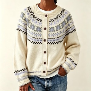 Cárdigan de punto para mujer, mezcla de lana de alpaca, con botones, cuello redondo, manga larga, diseño Fair Isle - Product Image 2