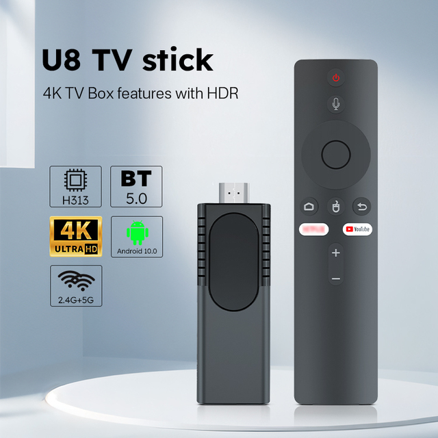 Factory Direct U8 Android 10 Smart TV Stick Allwinner H313 Chip 2GB RAM 8GB ROM Dual WiFi BT BT Remote Streaming Stick