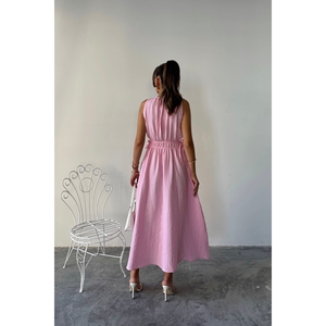 Robe maxi sans manches en mousseline rose, taille élastique, robe décontractée, taille S - Product Image 1