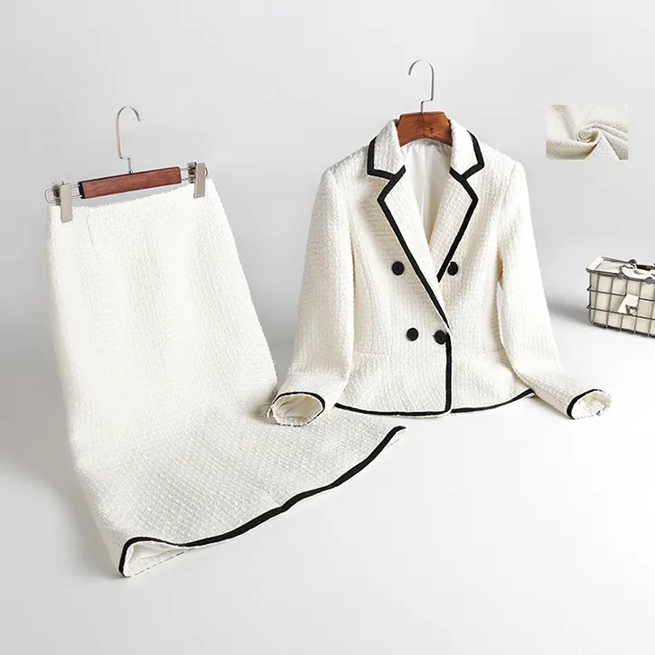 Factory Custom Wholesale White Woollen Women Elegant Ladies Office Suits With Skirts Tweed Blazer Set