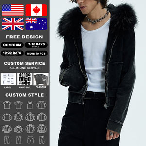 High-quality <b>Vintage</b> Acid-washed Men's 100% Cotton French Terry Digital Printing Embroidered Winter Fur Trim Short <b>Zip</b>-<b>up</b> <b>Hoodie</b> - Product Image 2