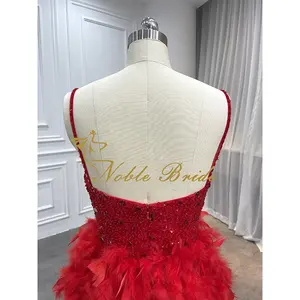 Noble Bride Short Evening Party Dresses Sexy Modest Beaded Red Prom Gowns Women Evening Dresses Elegance With Feathers 2022