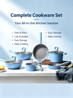 Ensemble de 6 ustensiles de cuisine en aluminium antiadhésif, casseroles et poêles bleues, couvercles en verre, poignées résistantes à la chaleur, compatibles avec tous les types de cuisinières, passe au four et au lave-vaisselle, pour la cuisine à domicile