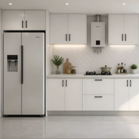 Meubles de cuisine modernes sur mesure, portes plates blanches mates, système de rangement avec éclairage LED intégré, vente en gros directe usine