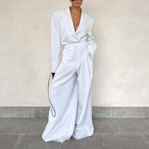 Nouveautés Offre Spéciale Automne Vêtements en Lin Ensemble Deux Pièces pour Femme : Veste Élégante à Col en V Profond et Pantalon Taille Haute à Jambes Larges - Product Image 1