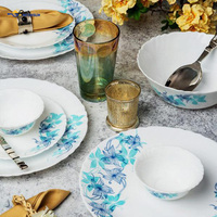 Service de table en verre opale 19 pièces, bord festonné, motif floral bleu et cyan, vaisselle en verre opale trempé pour usage domestique quotidien