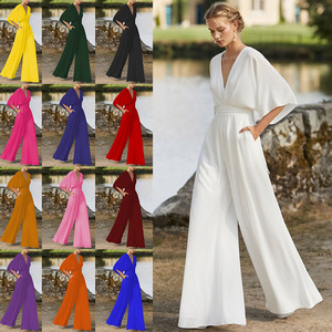Combinaison Femme Élégante Décontractée à Jambes Larges Col V Manches Fluides Style <span class=keywords><strong>Palazzo</strong></span> Multicolore Nouvelle Collection Été 2026 - Product Image 2