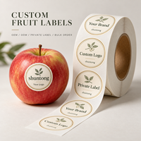 Étiquettes adhésives en papier alimentaire en gros, impression couleur, estampage à chaud, découpe, finition mate, étiquettes rondes en rouleau pour fruits (pommes)