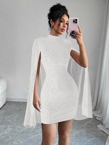 Yeni İlkbahar ve Yaz için Kadınlar İçin Işıltılı ve Muhteşem Dik Yaka Şifon Kollu Pul Payetli Dar Kesim Zarif Parti Mini Elbisesi - Product Image 6